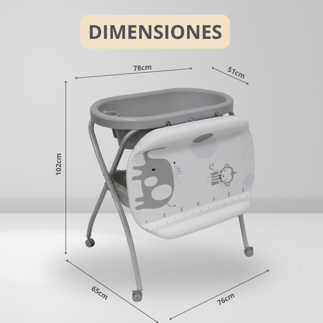 Bañera Cambiador Alta de Tijera para Bebé con Base y Repisa (Gris con animales)
