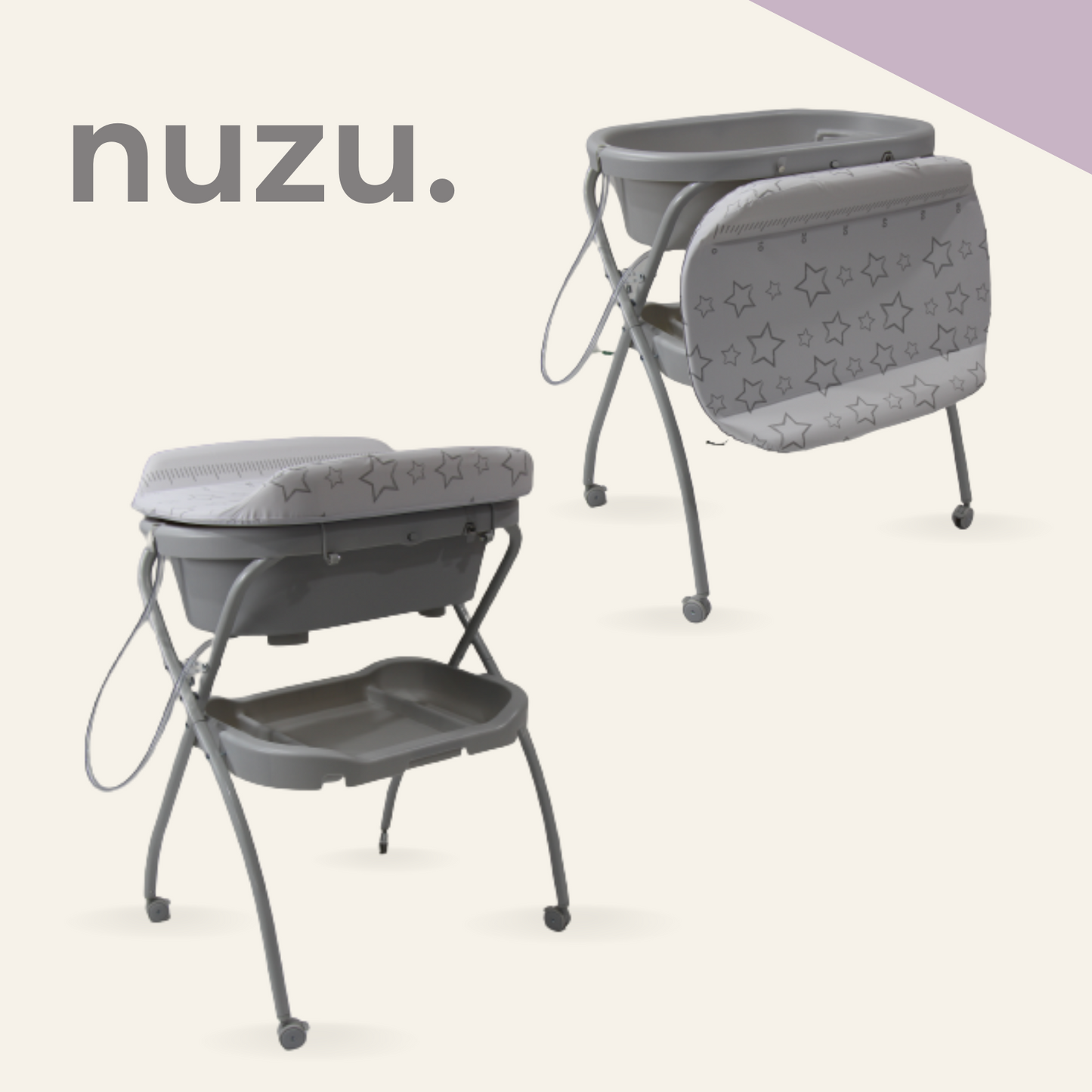 Bañera Cambiador Alta de Tijera para Bebé con Base y Repisa (Gris con Estrellas Grandes)