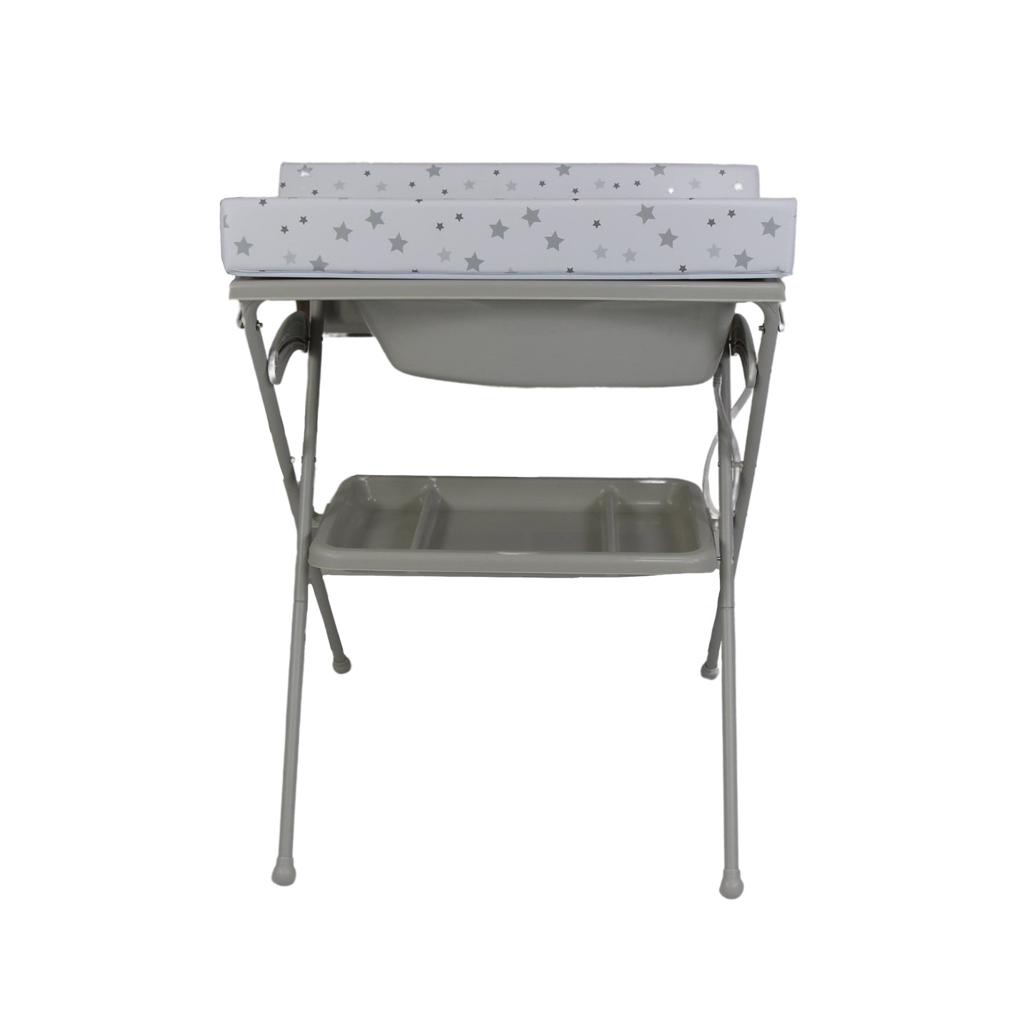 Bañera Cambiador Alta de Tijera para Bebé con Base y Repisa (Gris con Estrellas Chicas)