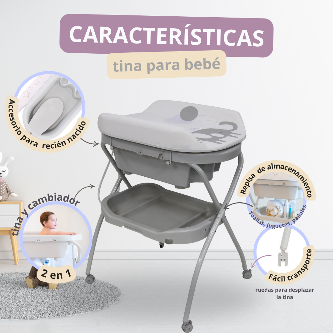 Bañera Cambiador Alta de Tijera para Bebé con Base y Repisa (Gris con animales)