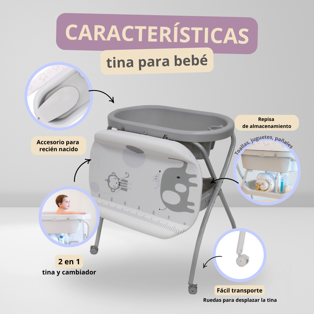 Bañera Cambiador Alta de Tijera para Bebé con Base y Repisa (Gris con animales)