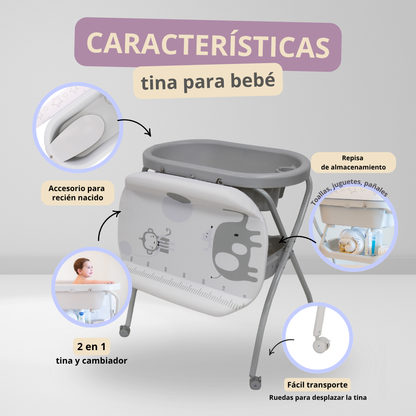 Bañera Cambiador Alta de Tijera para Bebé con Base y Repisa (Gris con animales)