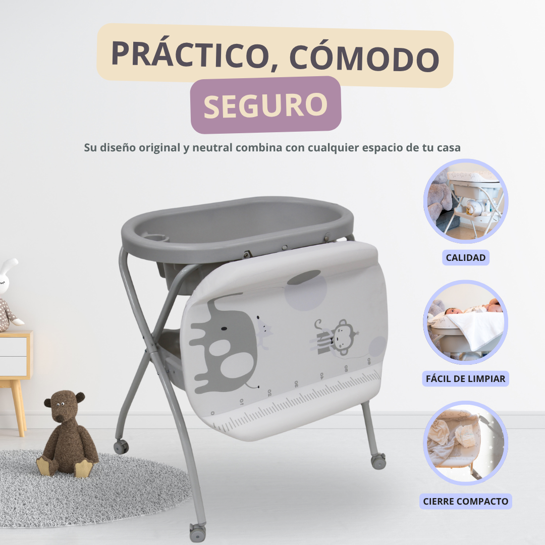Bañera Cambiador Alta de Tijera para Bebé con Base y Repisa (Gris con animales)