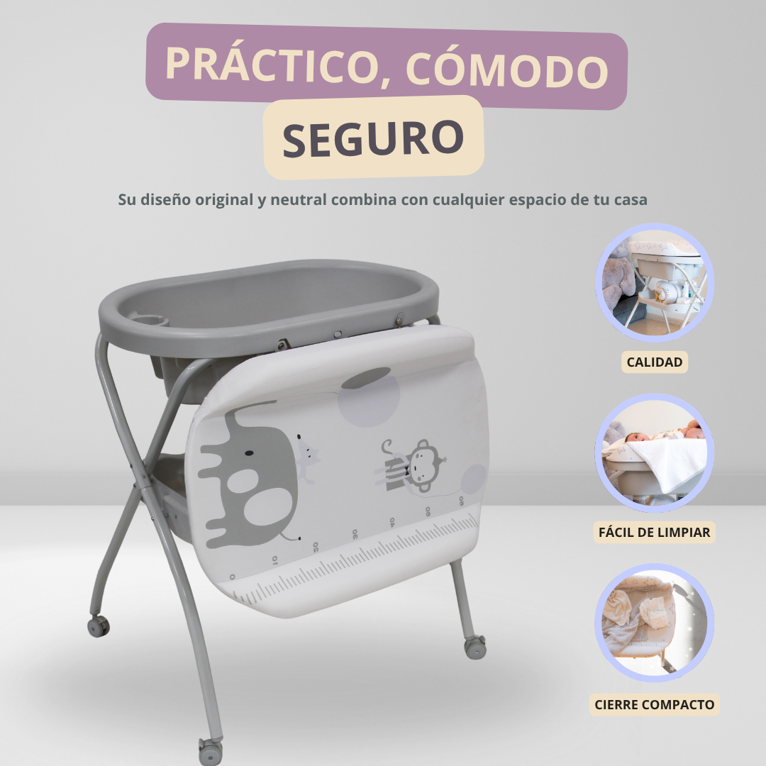 Bañera Cambiador Alta de Tijera para Bebé con Base y Repisa (Gris con animales)
