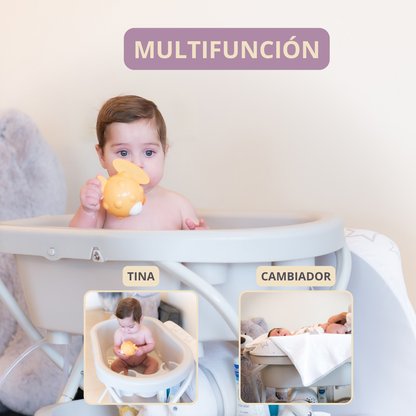 Bañera Cambiador Alta de Tijera para Bebé con Base y Repisa (Gris con animales)