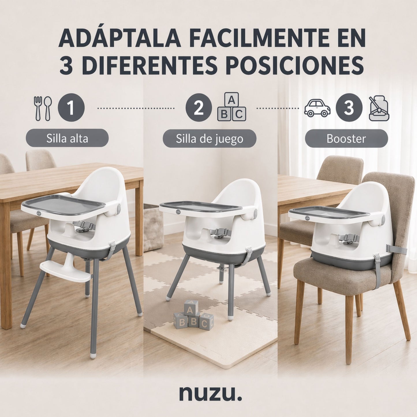 Silla Alta y Booster Multifuncional Gris