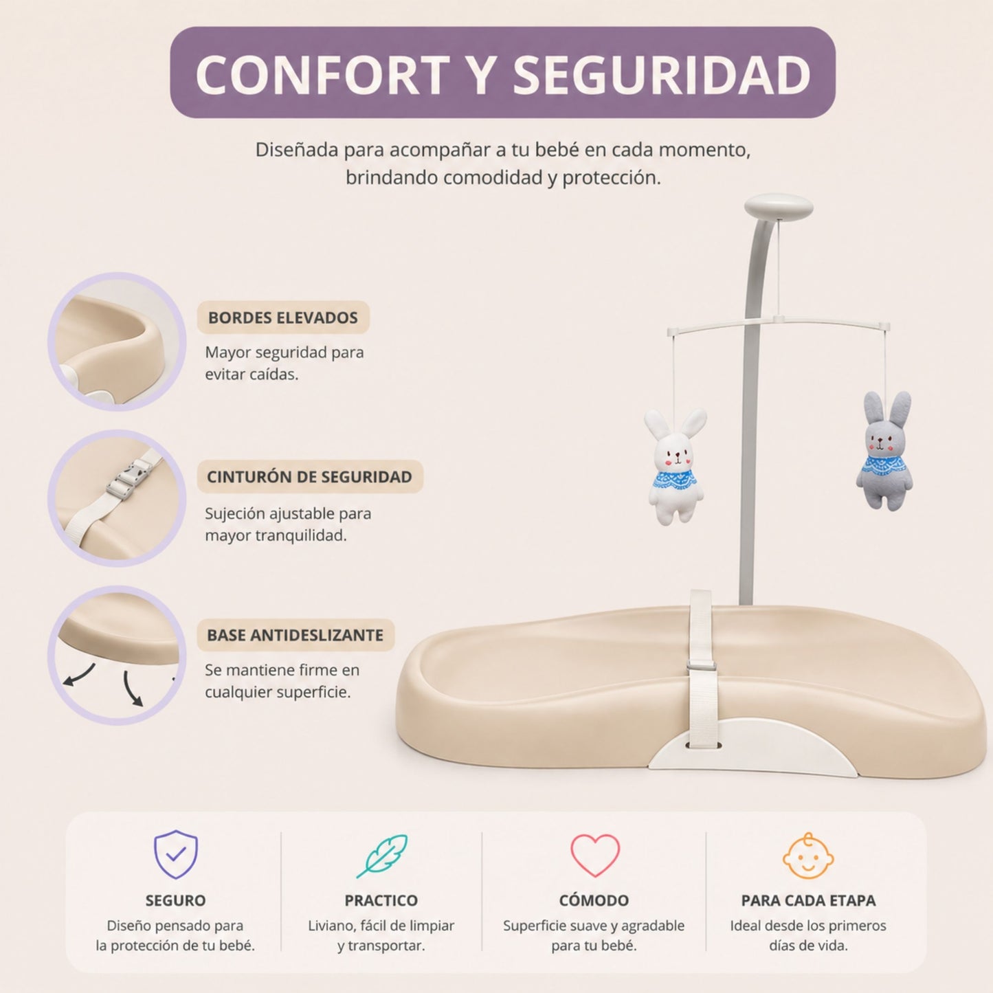 Cambiador de Bebé Antideslizante con Cinturón de Seguridad y Móvil de Juguetes