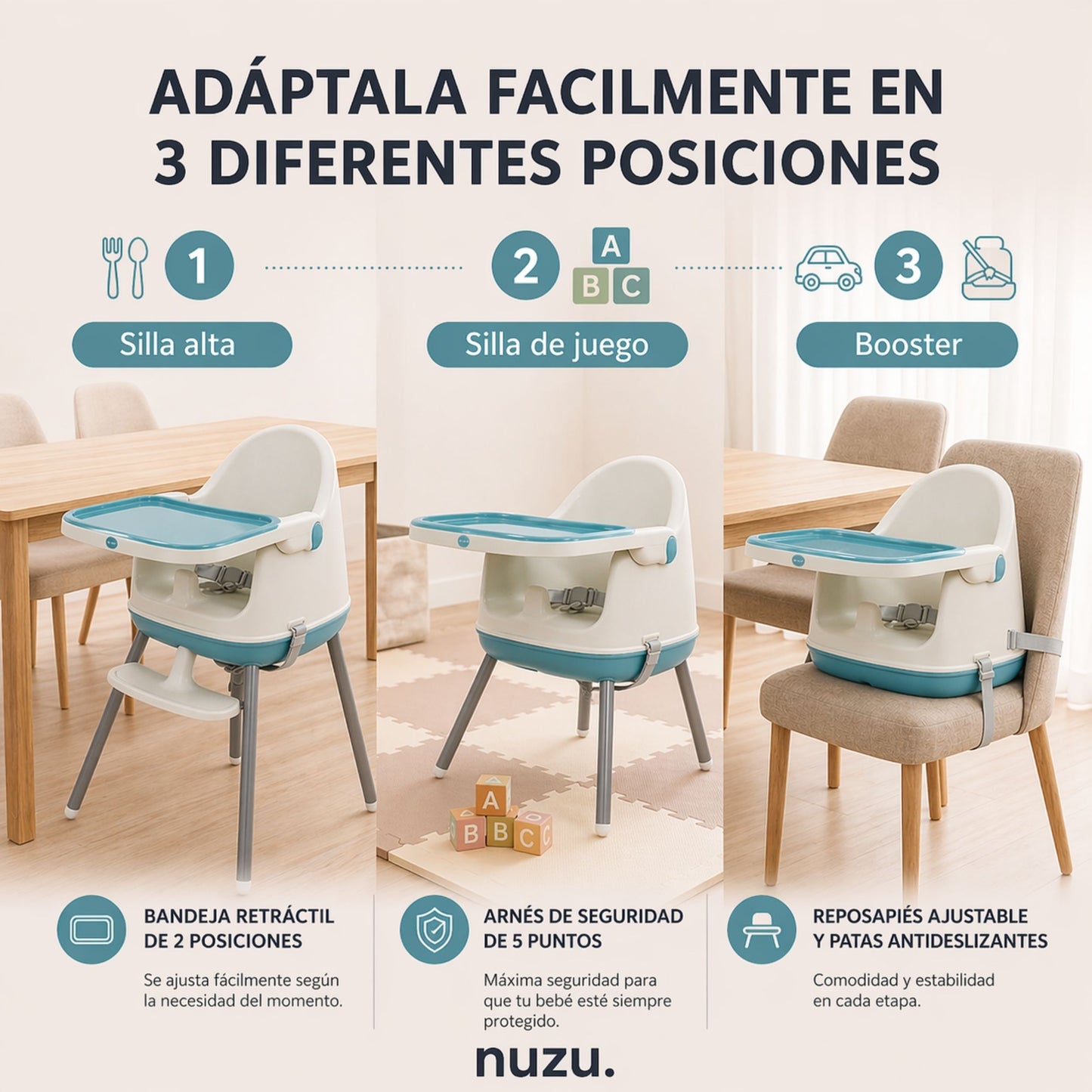 Silla Alta y Booster Multifuncional Gris Azul