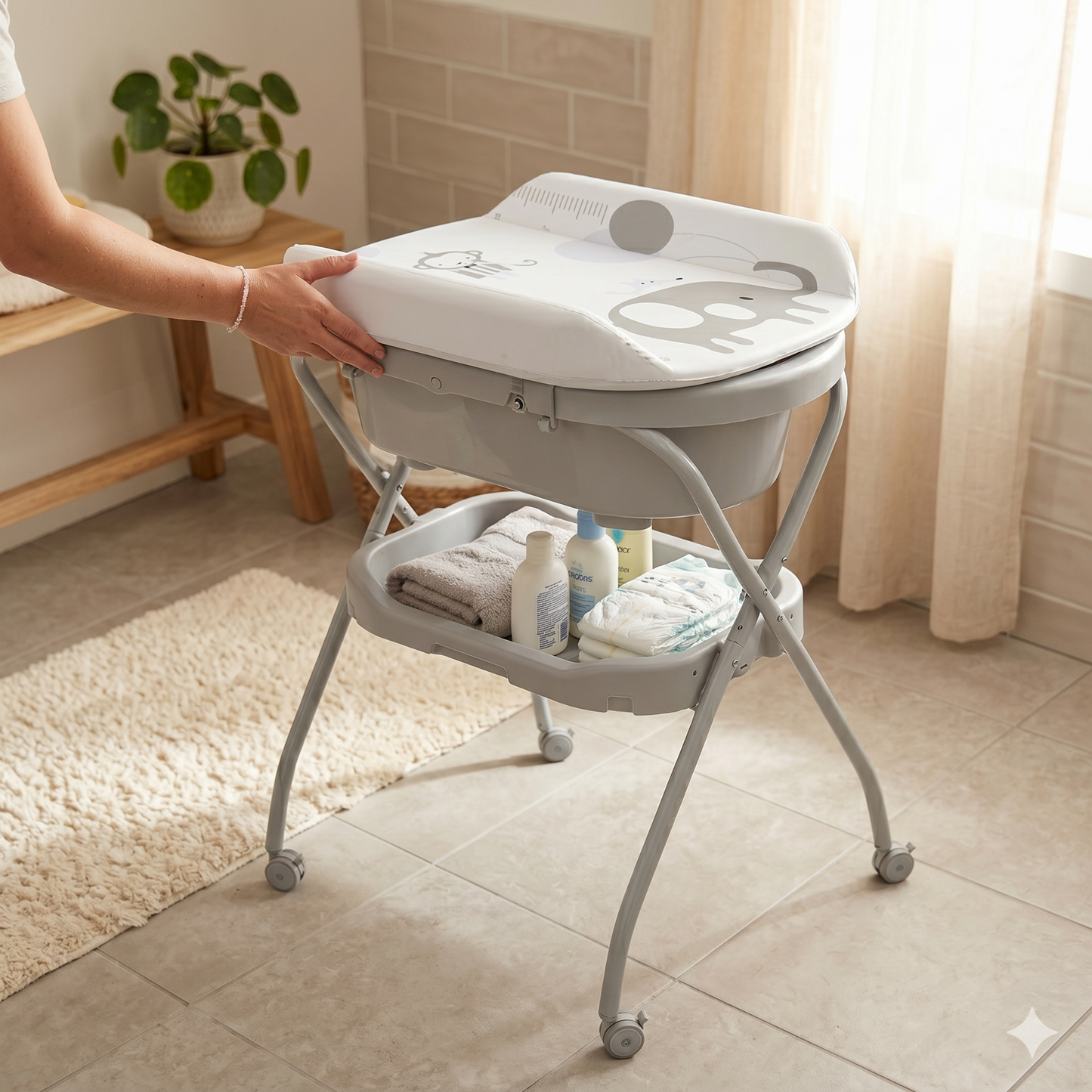 Bañera Cambiador Alta de Tijera para Bebé con Base y Repisa (Gris con animales)