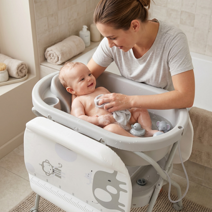 Bañera Cambiador Alta de Tijera para Bebé con Base y Repisa (Gris con animales)