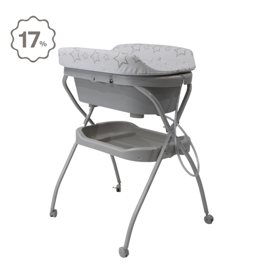 Bañera Cambiador Alta de Tijera para Bebé con Base y Repisa (Gris con Estrellas Grandes)
