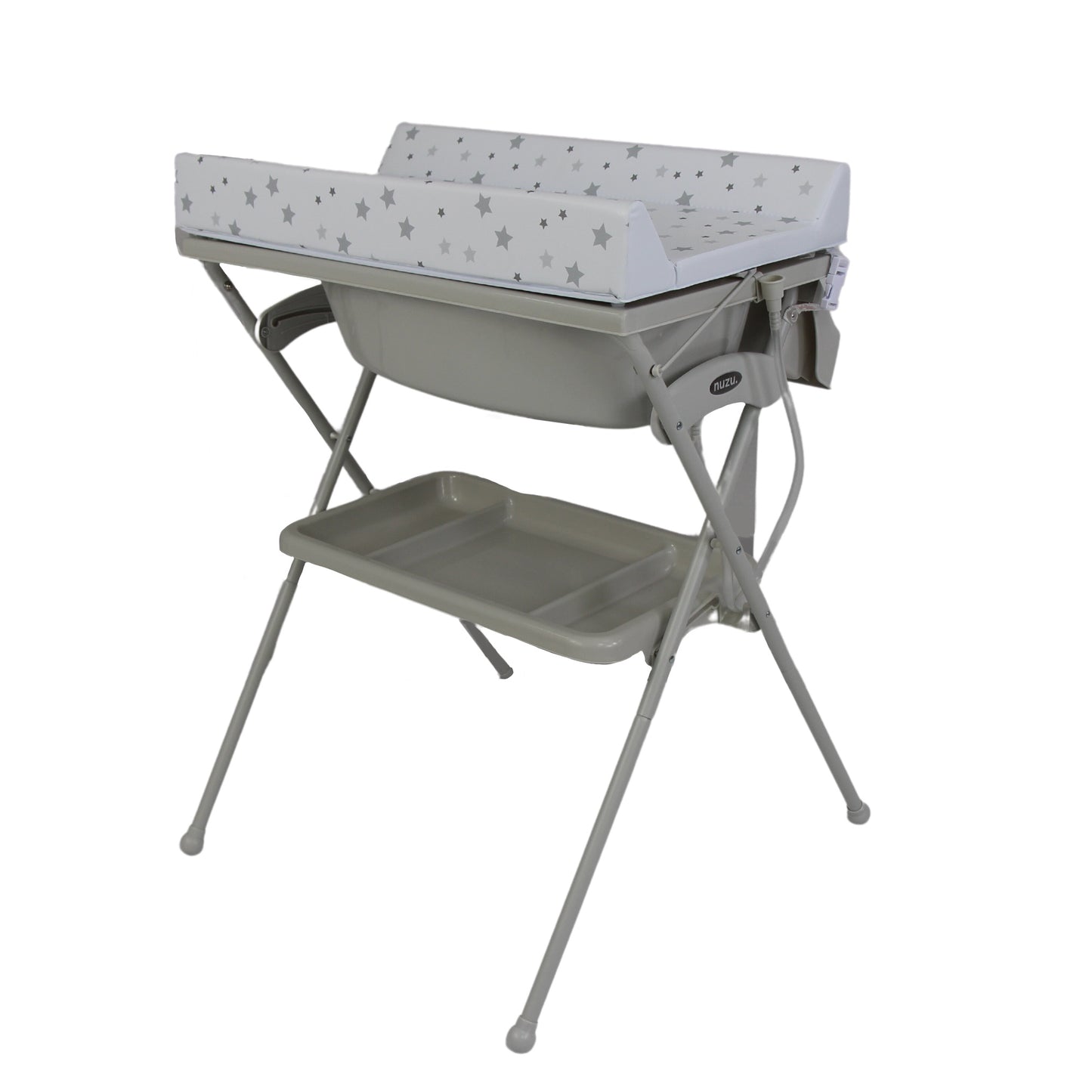 Bañera Cambiador Alta de Tijera para Bebé con Base y Repisa (Gris con Estrellas Chicas)