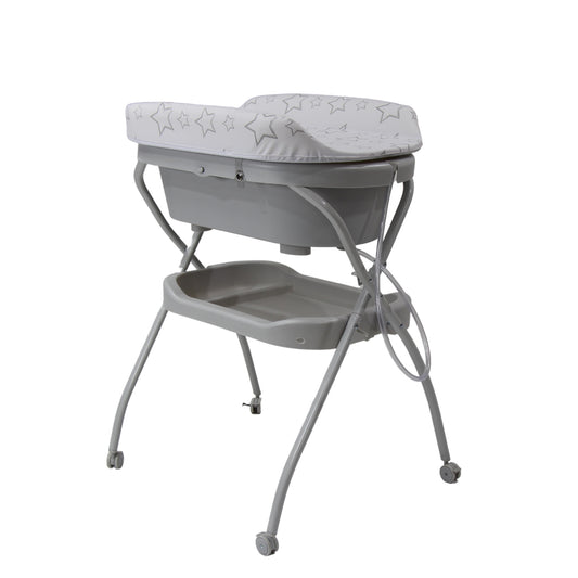 Bañera Cambiador Alta de Tijera para Bebé con Base y Repisa (Gris con Estrellas Grandes)