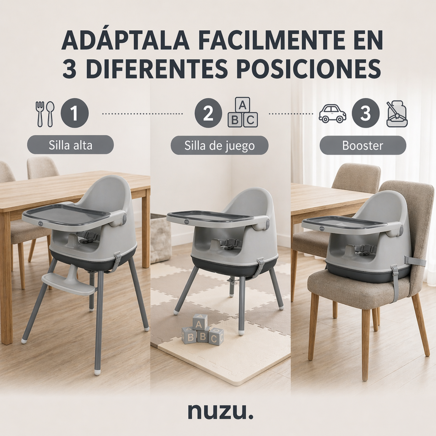 Silla Alta y Booster Multifuncional Gris