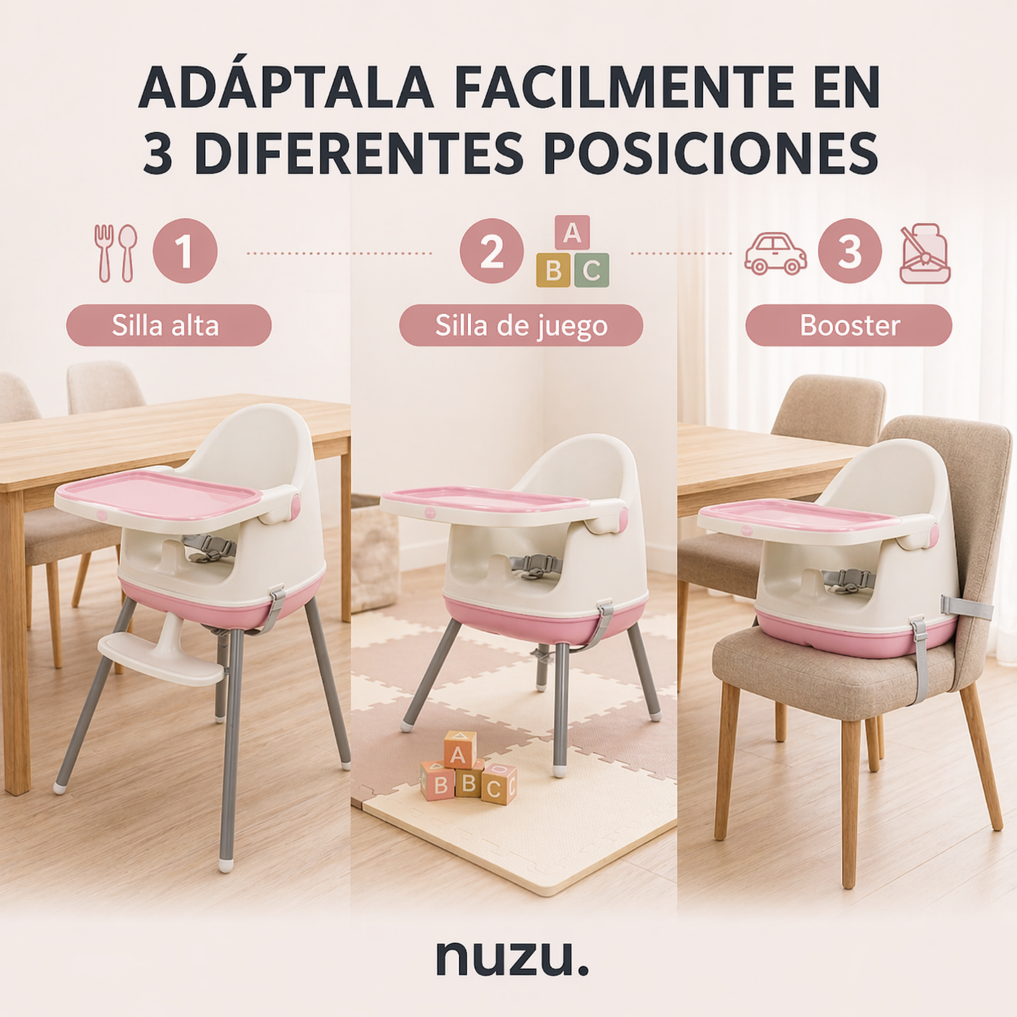 Silla Alta y Booster  Multifuncional Rosa
