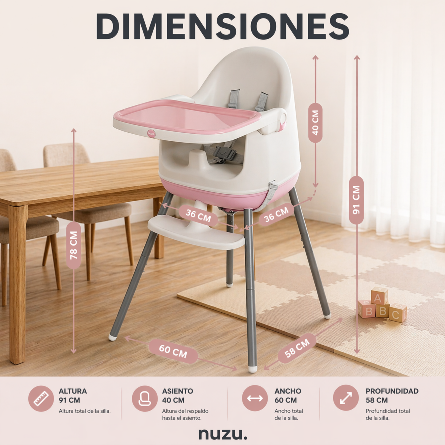 Silla Alta y Booster  Multifuncional Rosa